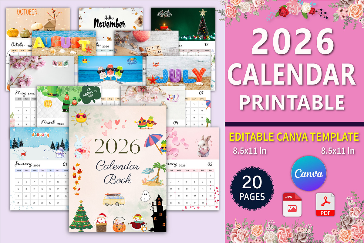 2026 Calendar Printable Canva, a Stationery Template by Designmela01 (Photo 1 of 7)