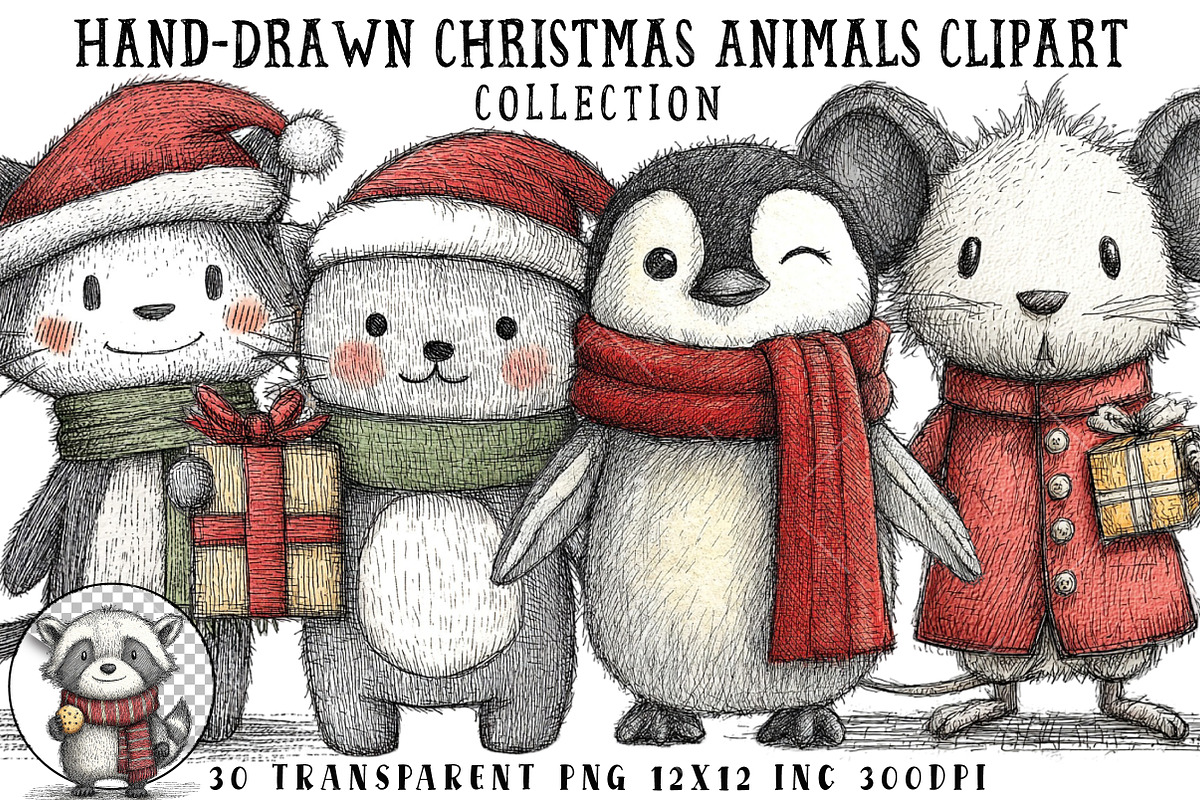 Hand-Drawn Christmas Animals Clipart, an Illustration by OK Design (Photo 1 of 6)