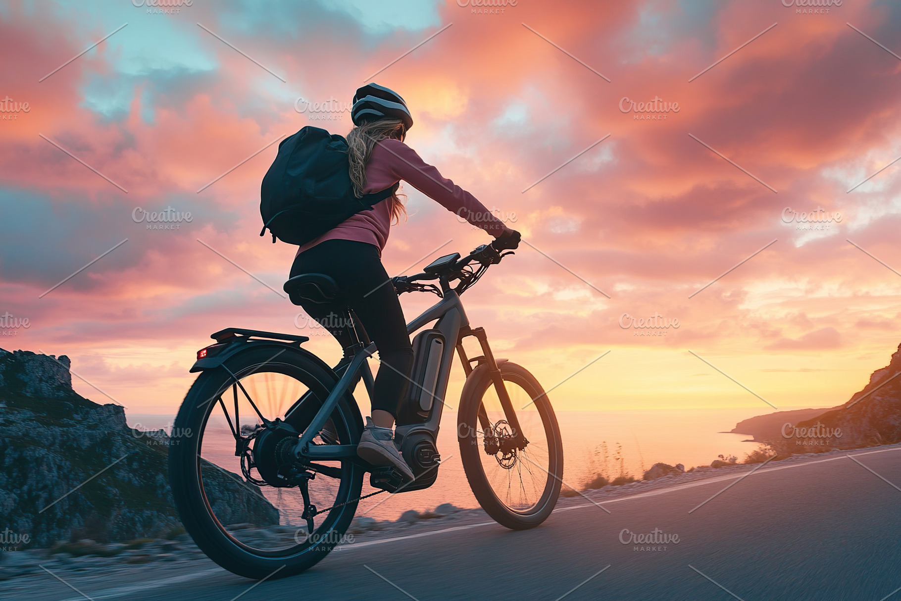 Woman rides electric bike along scenic coastal route at sunset, a Sports & Recreation Photo by AlyaAnd