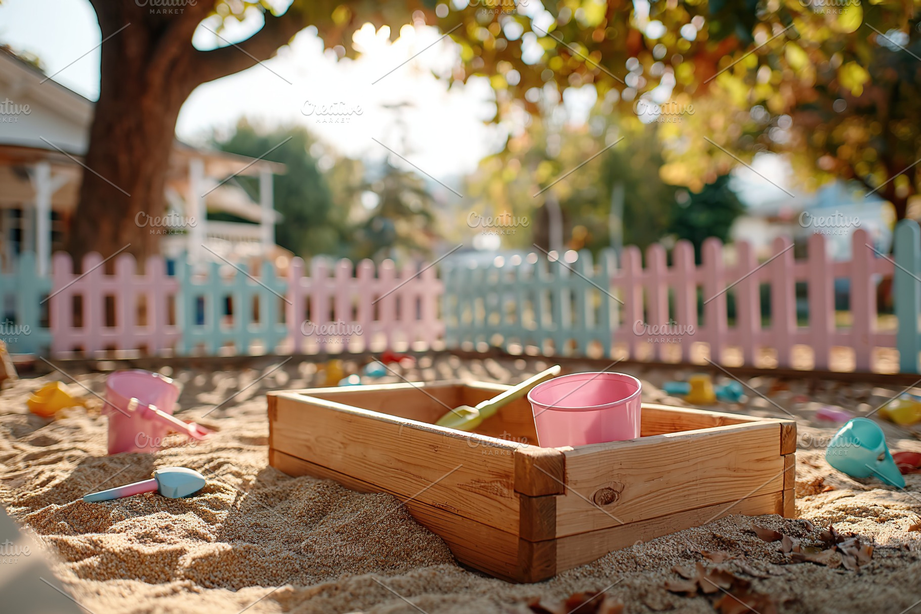 Children playing in a sunny sandbox surrounded by colorful fences in a park set, a Photo by AlyaAnd