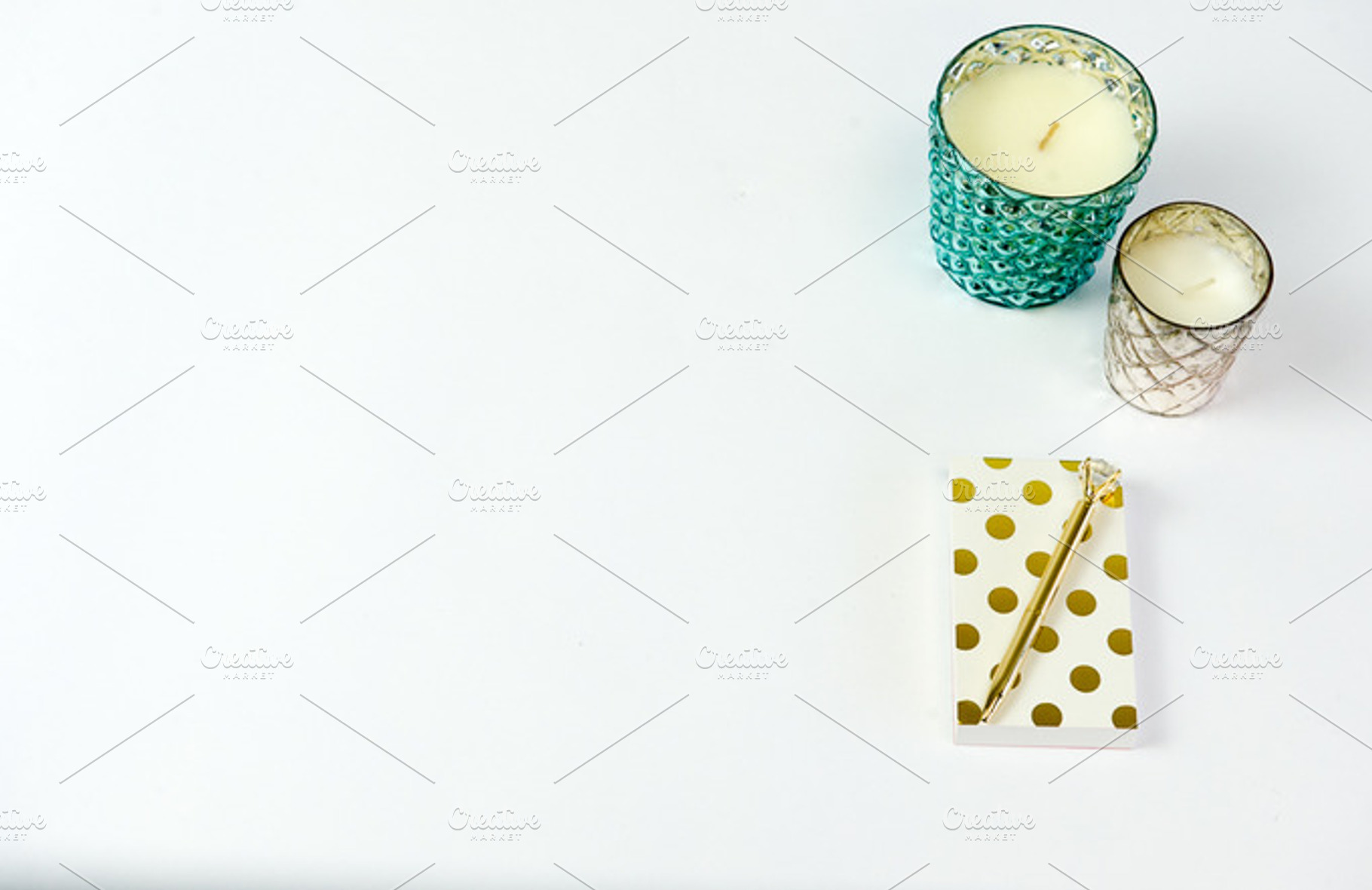 Gold white & teal desk with candle containing desk, rebecca nash photography, a Business Photo by Rebecca Nash Photography