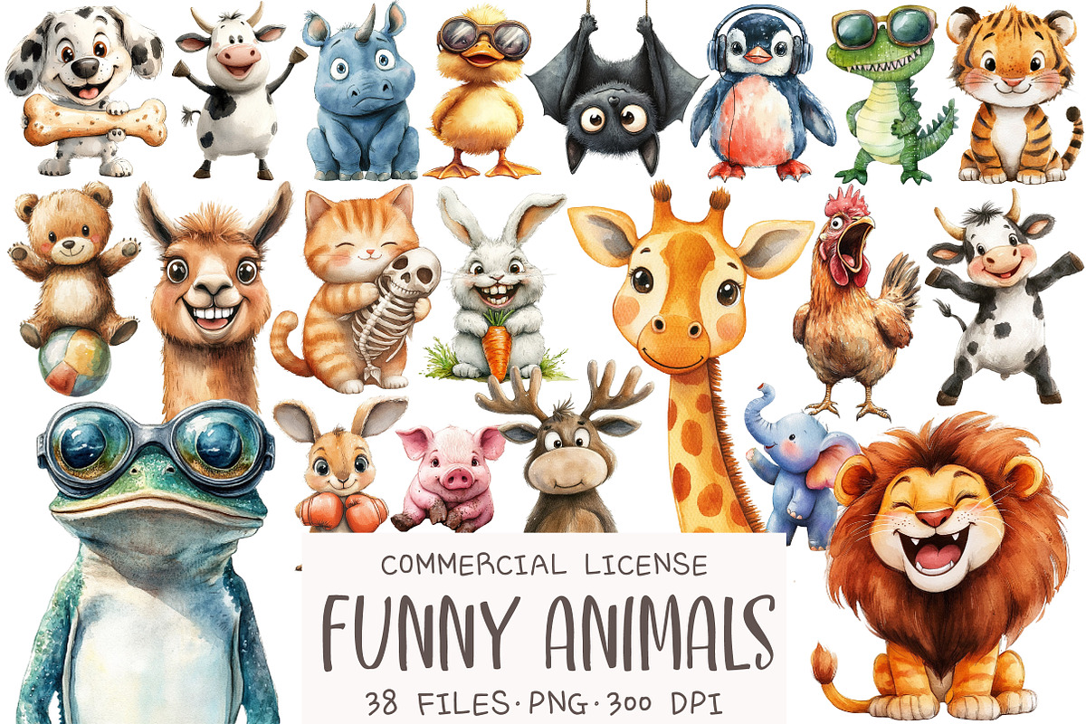 Watercolor Funny Animals Clipart, an Illustration by OK Design (Photo 1 of 5)