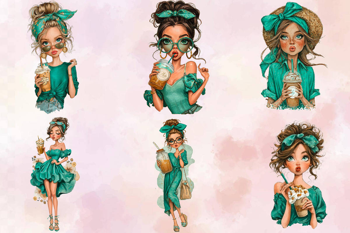 Whimsical Summer Coffee Girl Clipart, an Illustration by SVGArt (Photo 5 of 9)
