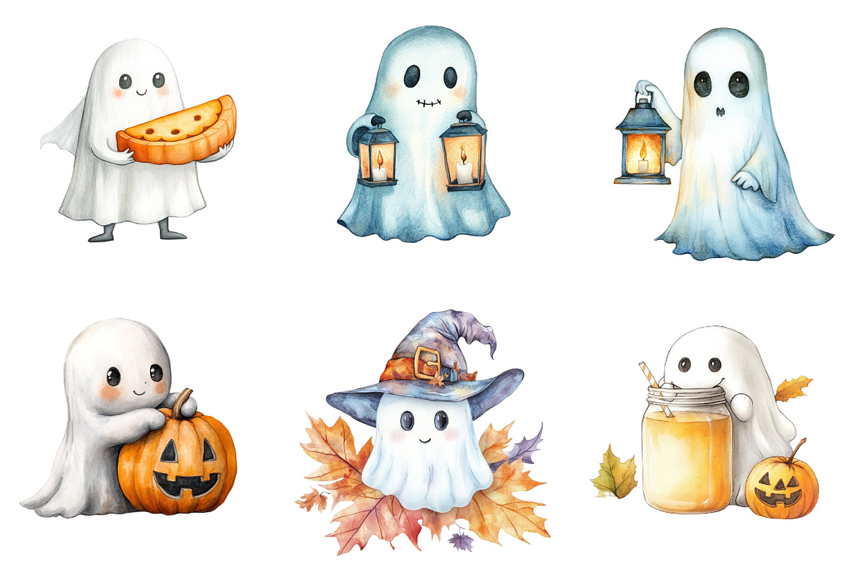 Cute Boho Fall Ghost Watercolor Clip, an Illustration by DreamArtGraphic (Photo 2 of 5)