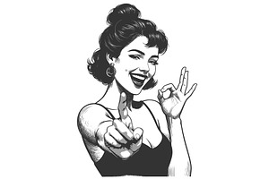 Smiling Woman Showing OK Gesture and, a Person Illustration by AlexArt