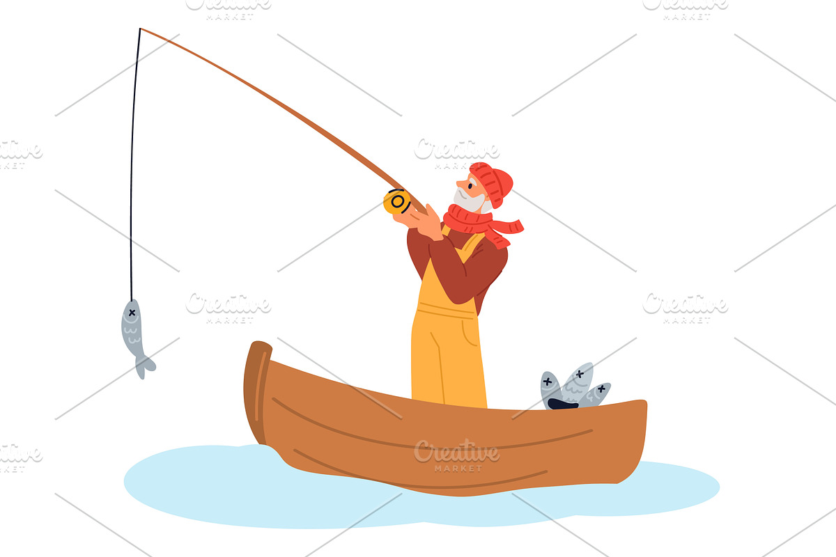 Old fisherman catches fish with, an Illustration by Vectorbuum