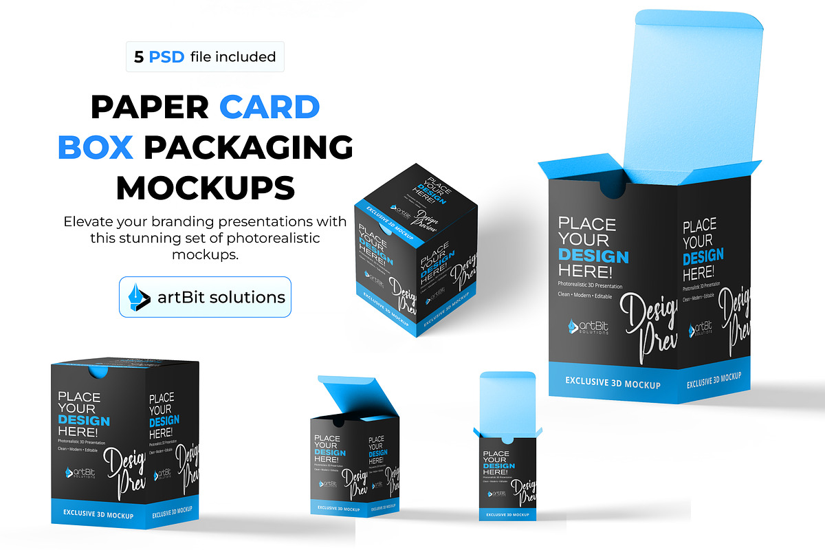 Paper Card Box Packaging Mockups, a Packaging Mockup by artBit Design Studio (Photo 1 of 6)