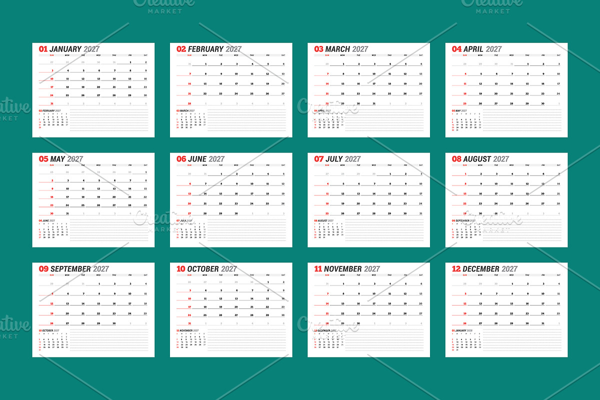 Minimal 2027 Vector Calendar EPS, a Texture Illustration by mikhailmorosin (Photo 1 of 8)