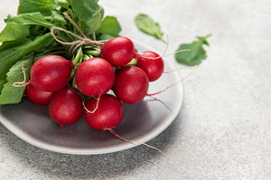Fresh red radishes with green leaves on plate, a Food & Drink Photo by Olena Rudo