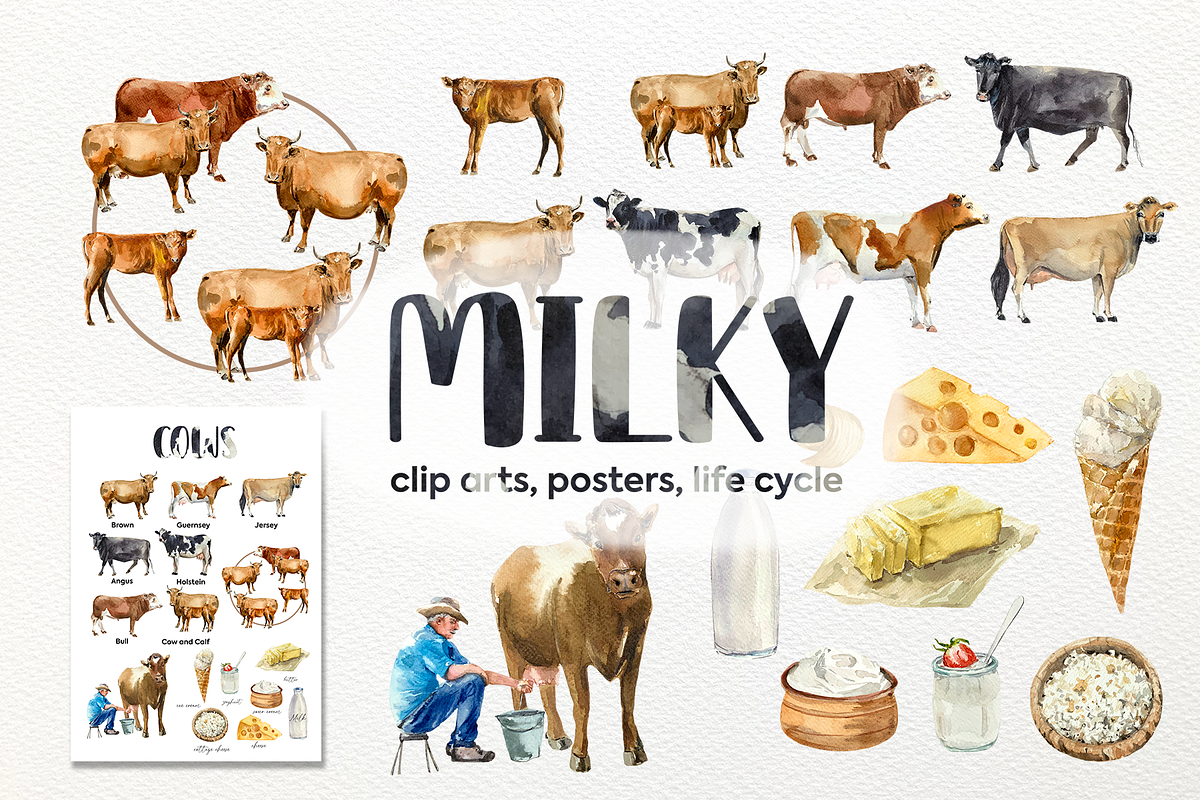 Watercolor Cow Clip arts and Posters, an Animal Illustration by Tati Bordiu (Photo 1 of 8)