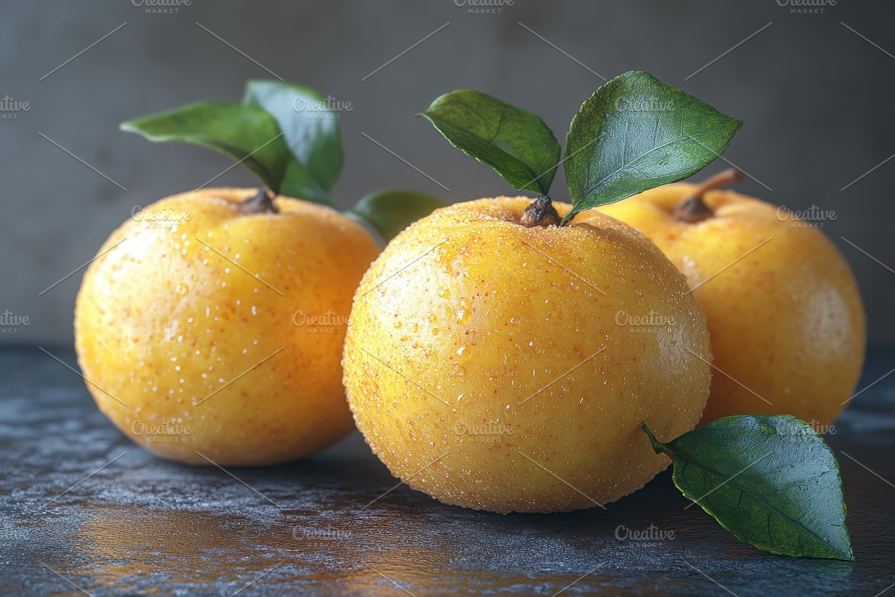 Freshly harvested golden fruits with, a Photo by Tanuart