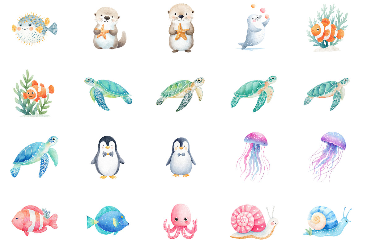 Cute Sea Animals Watercolor Clipart, an Illustration by Designworld (Photo 3 of 5)