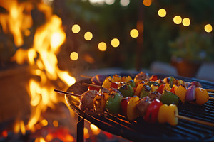 Grilling kebabs at sunset gathering, a Photo by Beautiful things