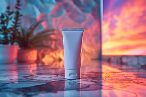 A sleek, white cosmetic tube stands elegantly against a vibrant sunset backdrop, a Business Photo by ImageMir