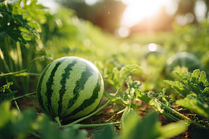Ripe watermelon growing on thick vine in a sunny garden environment, a Food & Drink Photo by AlyaAnd