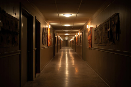 An atmospheric shot of a long, dimly lit hallway adorned with vi, a Holiday Photo by designvectx