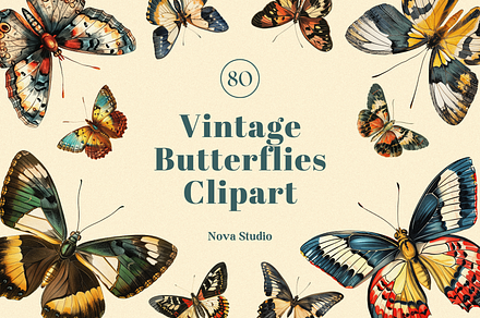 80 Vintage Butterflies Clipart