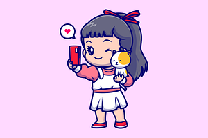 Cute Girl Selfie with Cat Cartoon, a Person Illustration by Catalyst Labs