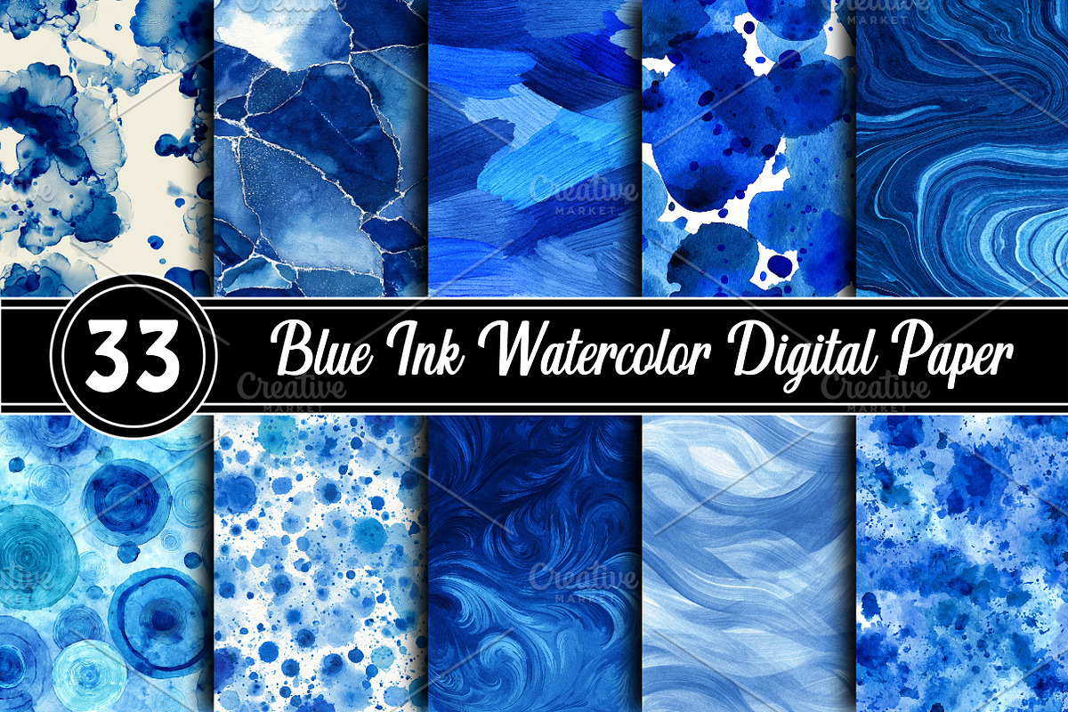 Blue Ink Watercolor Digital Paper, an Illustration by RobertsArt (Photo 1 of 7)