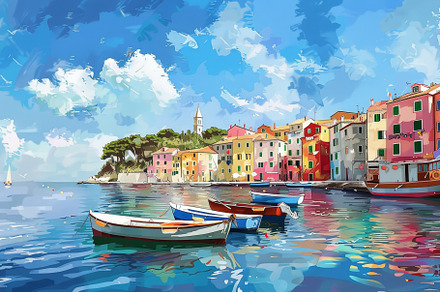Brightly painted boats rest gently i, a Photo by Tanuart