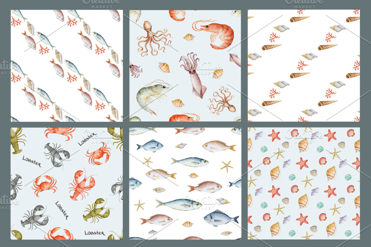 Watercolor seafood collection., a Food Illustration by Elena Medvedeva (Photo 5 of 5)