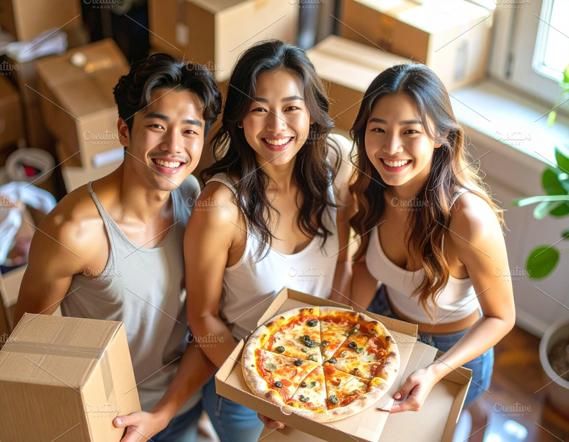 Group celebrating a moving‑in party with pizza, a Person Photo by DanFLCreativo