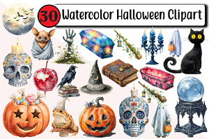 Watercolor Halloween Clipart, an Illustration by Design Market