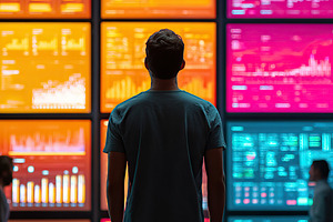 Individual observes colorful data displays in modern analysis hub during aftern, a Photo by AlyaAnd