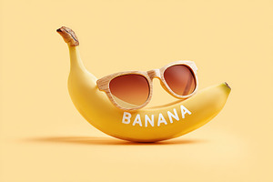 Fun banana wearing stylish sunglasses on a vibrant yellow background captures a, a Food & Drink Photo by AlyaAnd