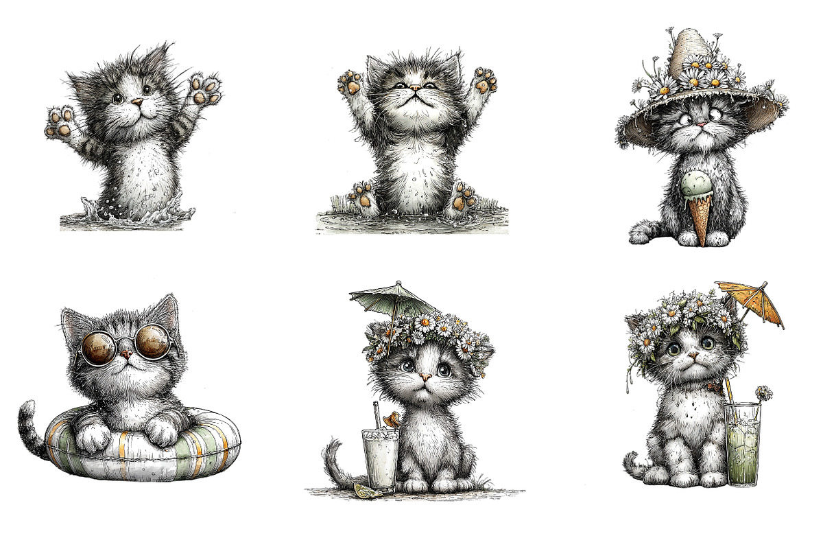 Whimsical Summer Cats Clipart, an Illustration by SinaCreation (Photo 6 of 7)