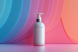 A sleek, white cosmetic pump bottle stands against a vibrant gradient backdrop, a Background Photo by ImageMir