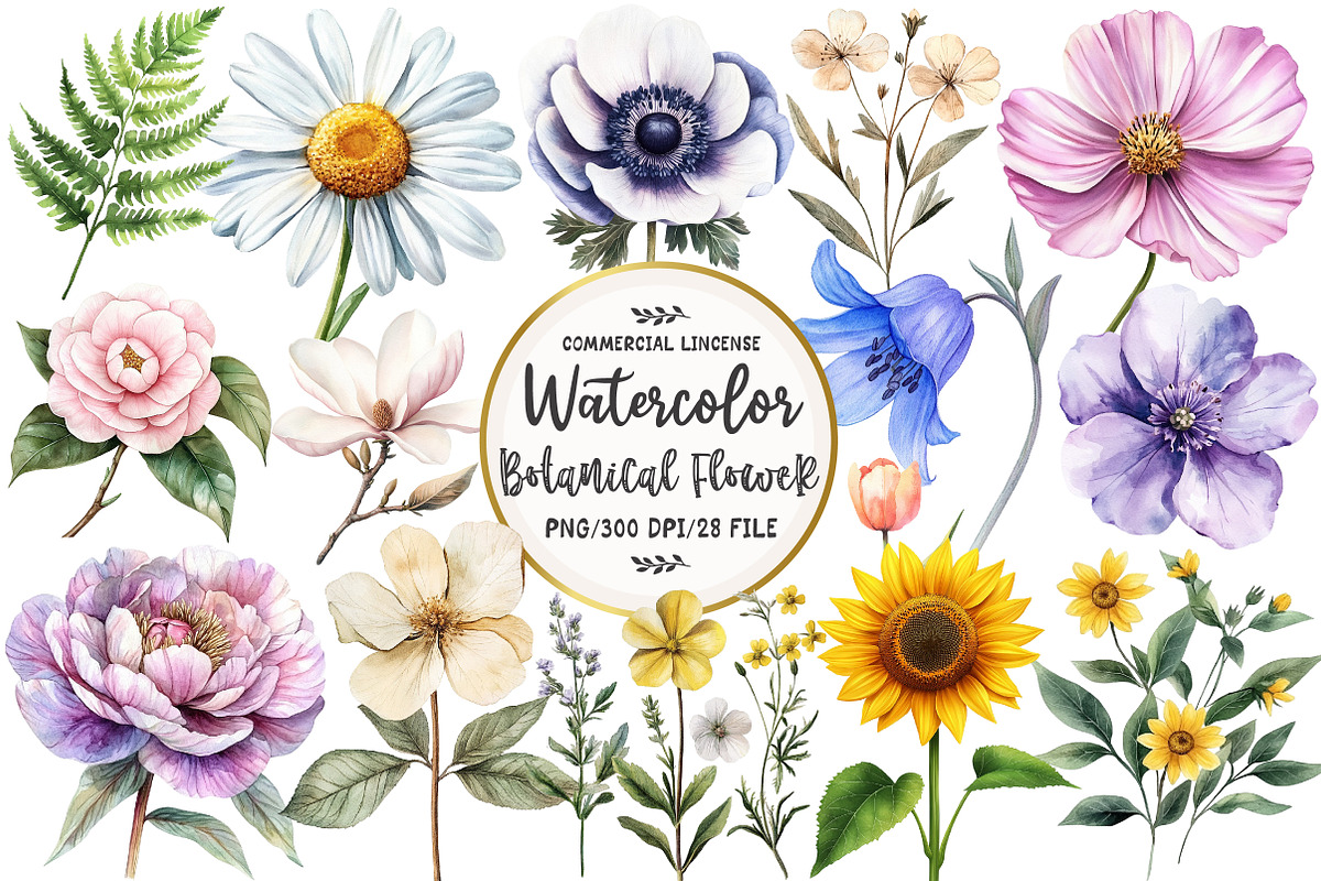 Watercolor Botanical Flower Clipart, an Illustration by OK Design (Photo 1 of 5)
