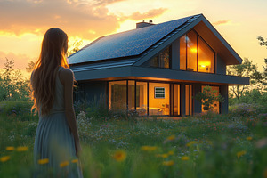A woman stands in a field of flowers, gazing at a modern house with solar panel, an Industrial Photo by Textures & Backgrounds