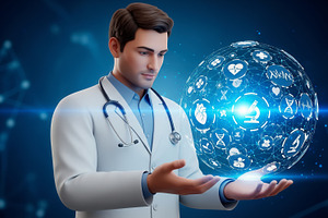Doctor with a blue holographic spher, a Health & Medical Photo by angellodeco