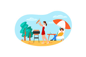 Couple on outdoor picnic using bbq, a Person Illustration by vectorpointstudio