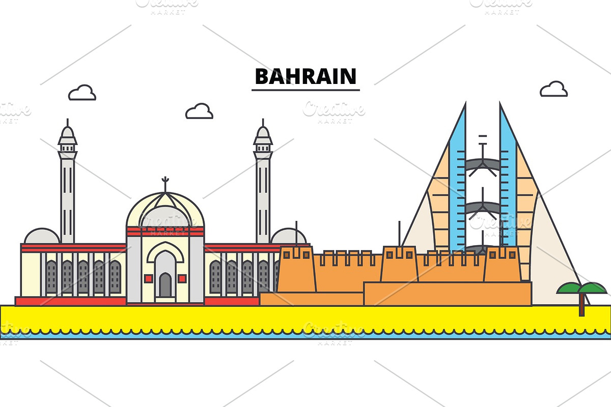 Bahrain outline city skyline, linear illustration, banner, travel landmark, buildings silhouette,vector, a Work Illustration by urban icon