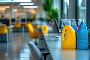 Cleaning equipment and bottles on table in the business office, a Photo by AlyaAnd