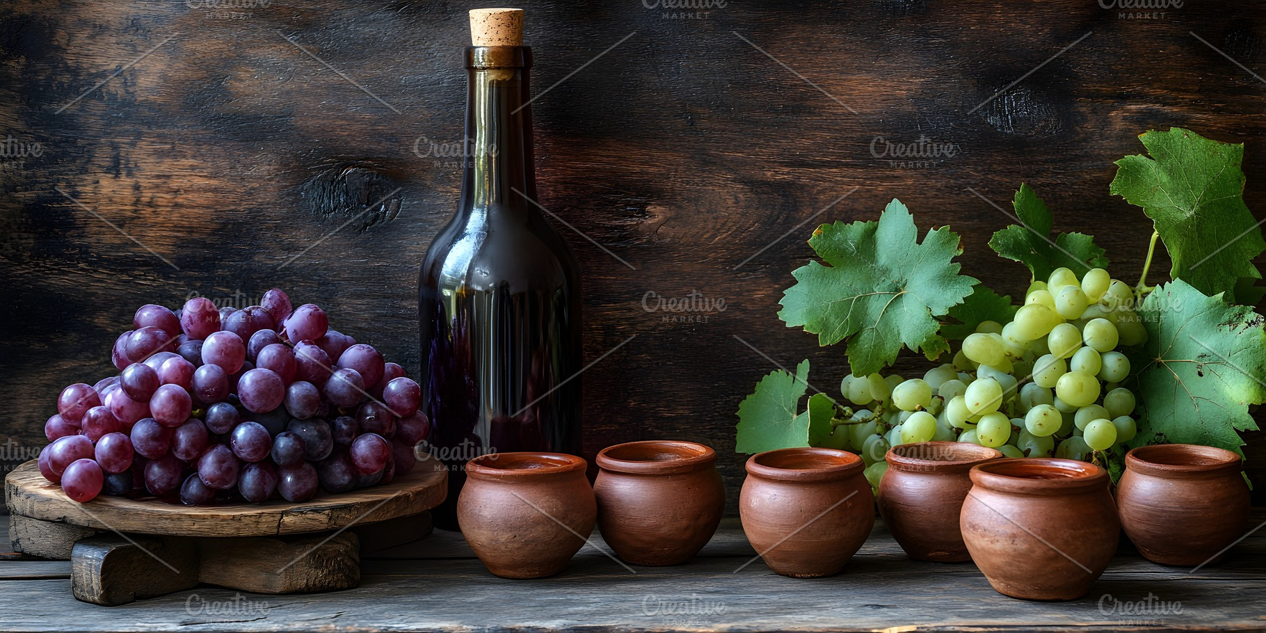 Red and white grapes with wine bottle and clay cups, a Food & Drink Photo by Photostock