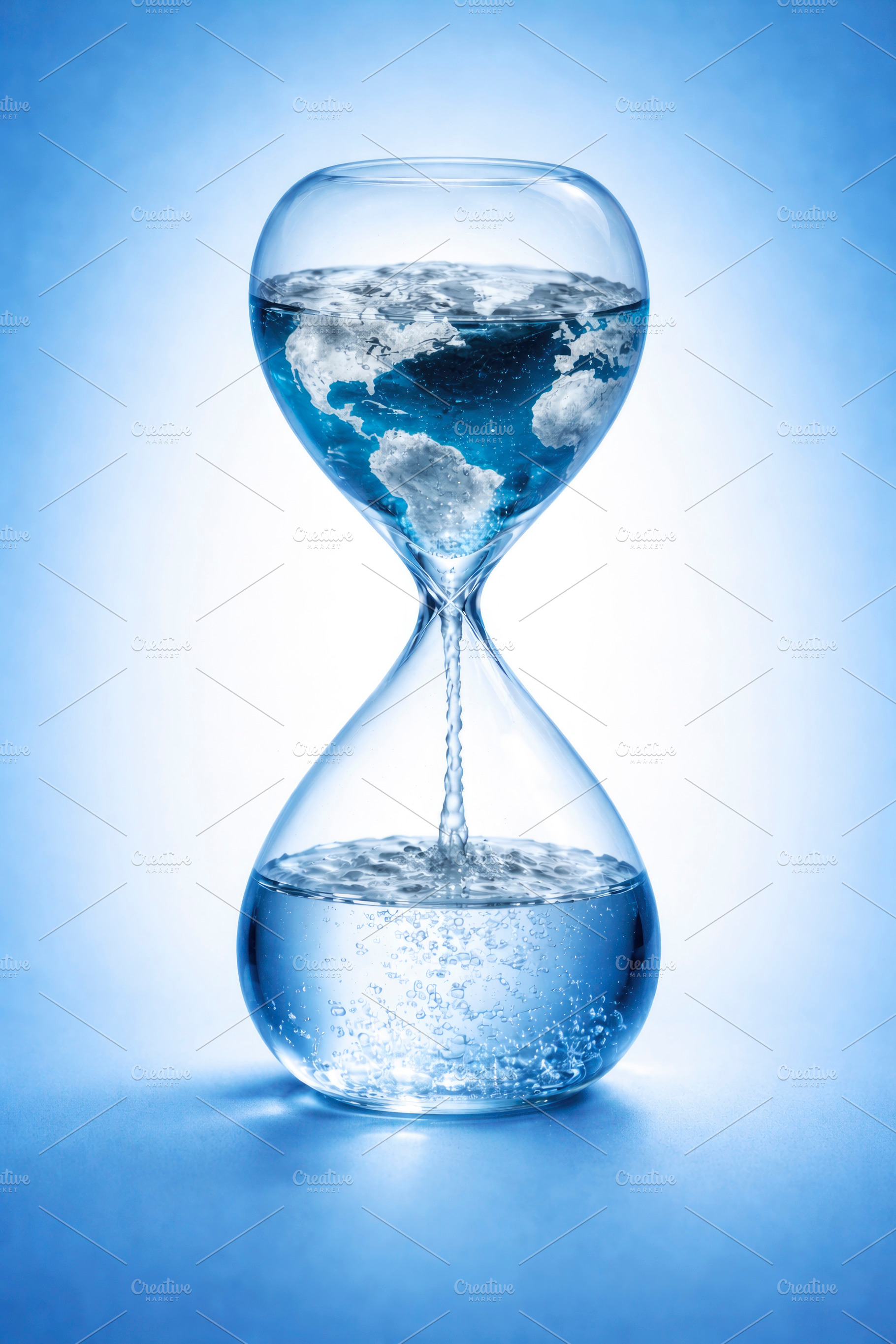a water hourglass with world map, generative AI, a Photo by Nito