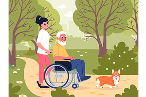 Elderly man in city park. Nurse with, a Person Illustration by YummyBuum
