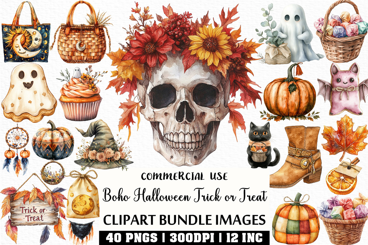 Boho Halloween Trick or Treat PNG, an Illustration by Craft Nest (Photo 1 of 6)