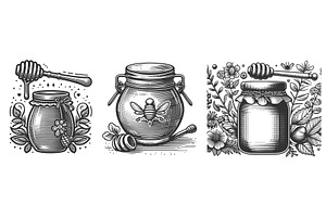 Honey Jar engraving set vector, a Food Illustration by AlexArt