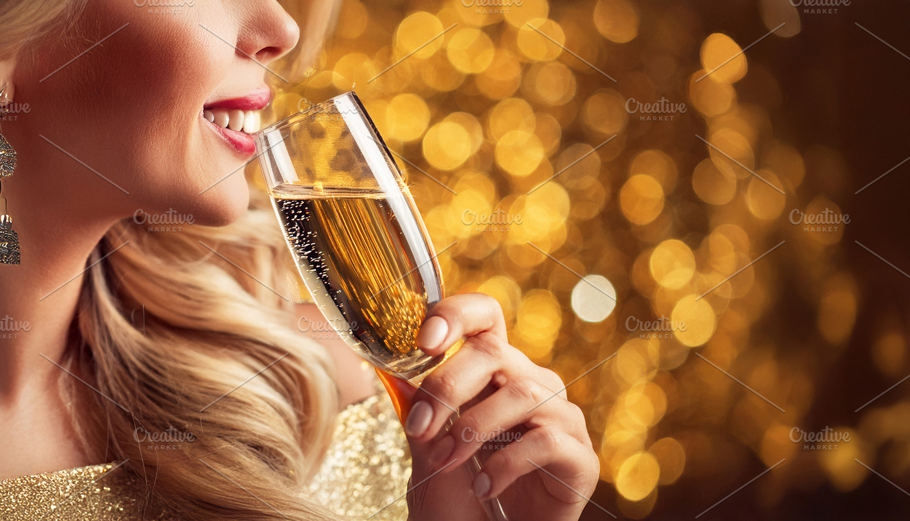 Close-up of woman drinking sparkling wine with background golden, a Holiday Photo by Davizro's Market