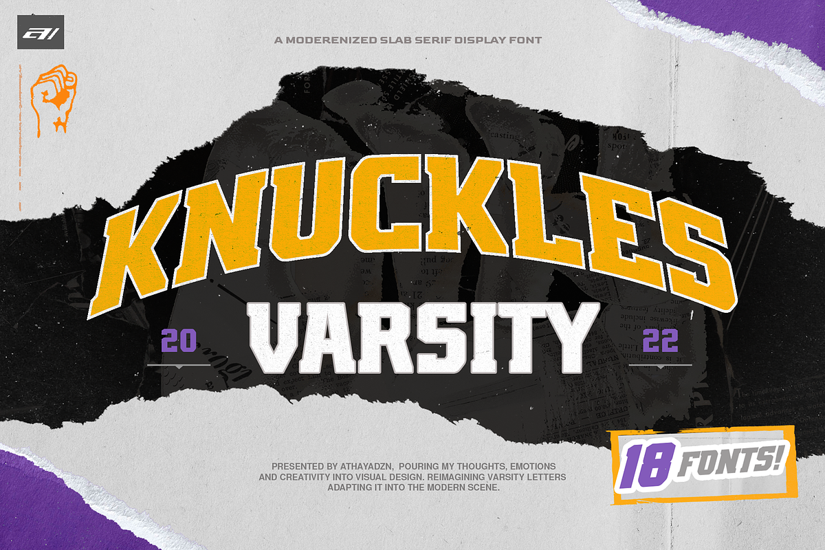 AZN Knuckles Varsity, a Slab Serif Font by AthayaDZN (Photo 1 of 13)
