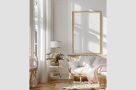 Mockup Frame in a White Living Room, an Architecture Photo by GFXCity
