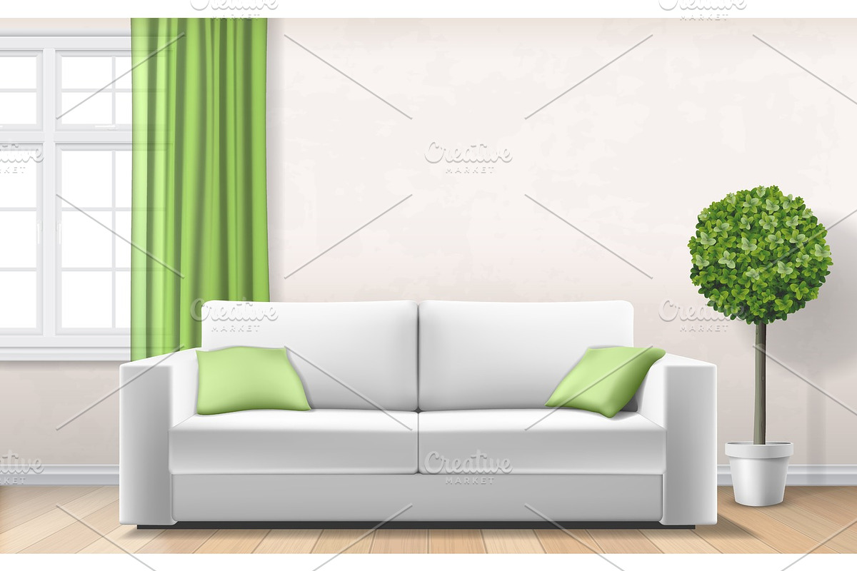 modern interior with sofa window green curtain, a Decorative Illustration by belander