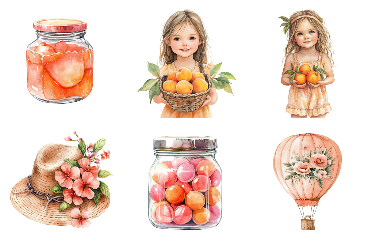 Watercolor Cute Peaches Garden Fruit, an Illustration by SinaCreation (Photo 2 of 7)