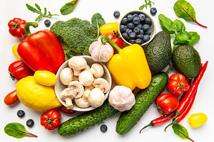 Fresh healthy eating choice with organic fruits and vegetables, a Food & Drink Photo by Olena Rudo