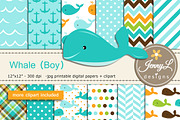Whale Boy digital papers clipart, a Pattern Graphic by JennyL Designs (Thumbnail 1 of 4)