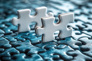 Two white puzzle pieces on a blue ba, a Photo by Tanuart